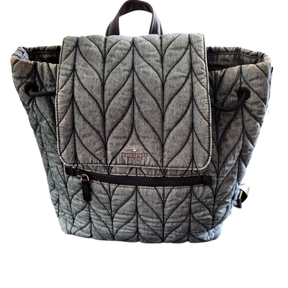 Kate Spade New York Ellie Blue Denim Flap Quilted Nylon Backpack Pockets Cinched - Picture 1 of 13